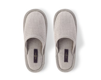 Linen Waffle Bath Unisex Slippers in Natural, Beige. Organic Spa, Sauna Slippers, Waffle Weave.