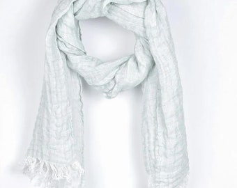 May include: A light blue linen scarf with a fringed edge. The scarf is folded and draped over a white background.