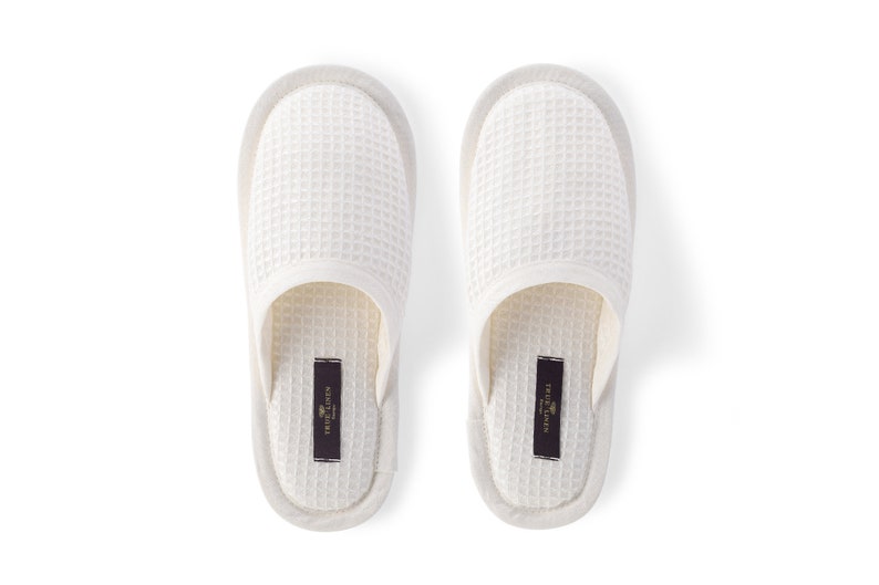 Linen Waffle Bath Unisex Slippers in Off-White. Organic Spa, Sauna Slippers, Waffle Weave. image 1