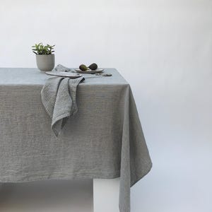 Mantel de lino de rayas azules, mantel de lino suave lavado, mantel de comedor de lino natural, mantelería de regalo