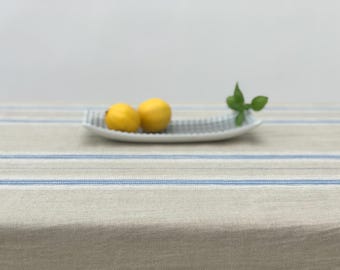 Washed Linen Tablecloth With Blue Stripe In Natural Colour: Vintage French Country Style