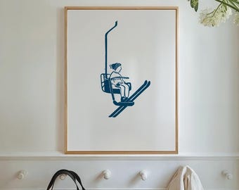 Ski Lift Blue Poster | Vintage Skiing Art, Chalet Decor