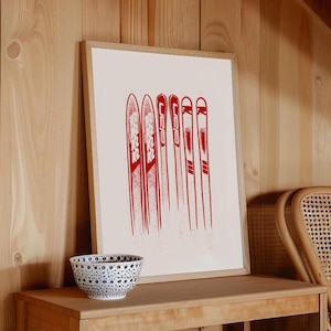 Planks Red | Gift for Skiers, Skiing Poster Retro, Ski Sketches, Après Ski Print, Ski Art, Decoration Chalet, Vintage Skis, The Alps Poster
