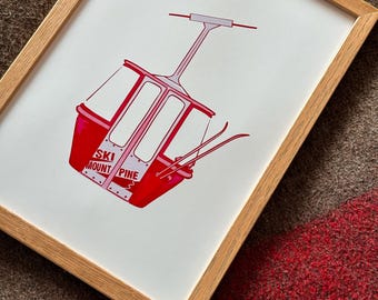 Red Ski Gondola Print | Vintage Alpine Ski Art, Chalet Decor