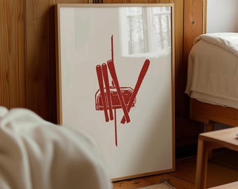 Red Ski Chairlift Print | Vintage Alpine Wall Art