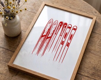 Retro Ski Poster | Red Vintage Skis Print, Alpine Decor