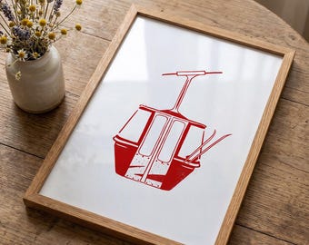 Vintage Ski Gondola Art Print | Red Alpine Chalet Decor