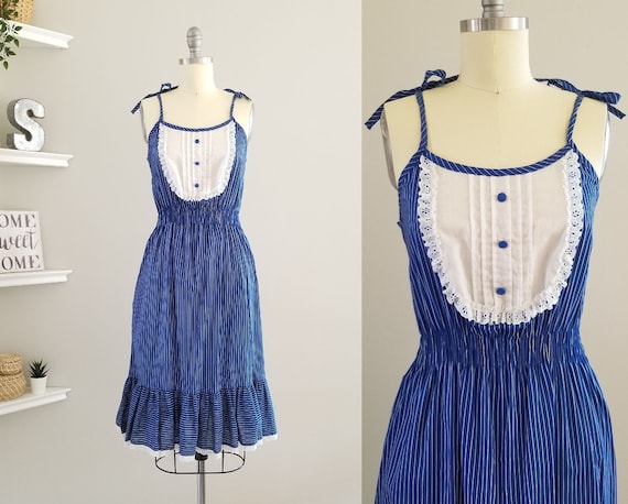 1960s Blue/White Bib Dress || Vintage 60's Midi Dr