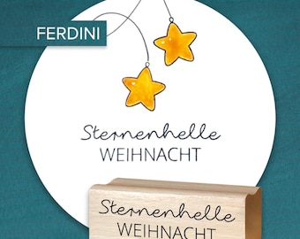 May include: A rectangular wooden rubber stamp featuring the text Sternenhelle WEIHNACHT. The stamp is displayed against a circular white background with a graphic illustration of two hanging yellow stars and the brand name FERDINI in a teal box.