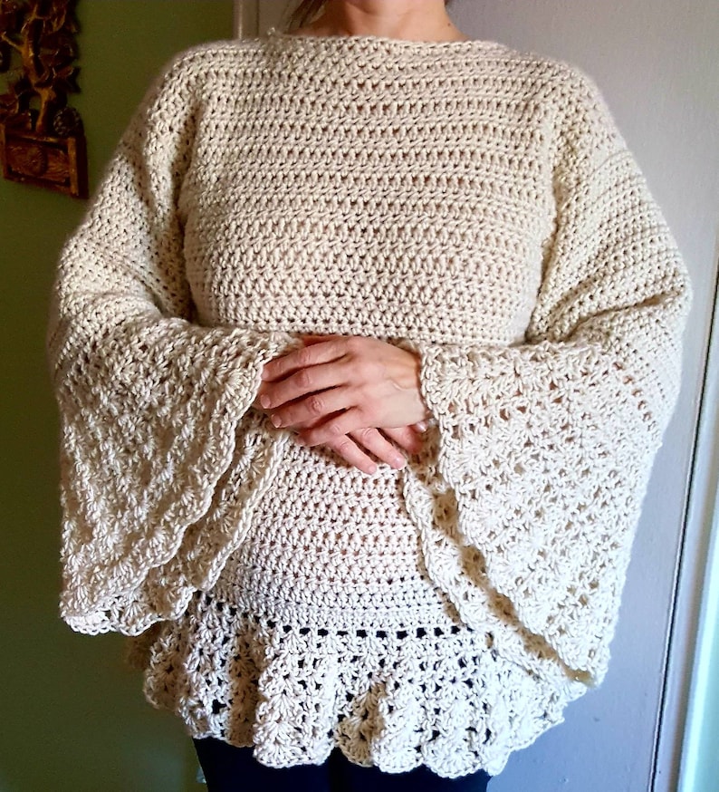 elegant woman/'s sweater exclusive design! bell sleeve sweater Women/'s crochet sweater,Crochet bell sleeve sweater made to order sweater
