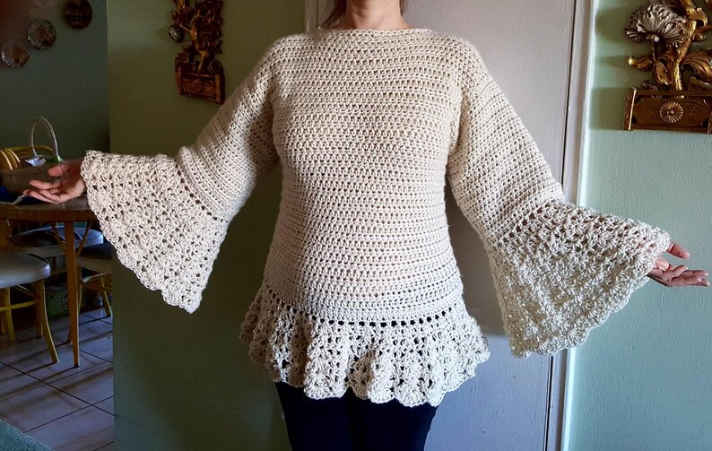 elegant woman/'s sweater exclusive design! bell sleeve sweater Women/'s crochet sweater,Crochet bell sleeve sweater made to order sweater