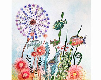 FISH and FLOWER BOTANICAL Watercolor Fine Art Print