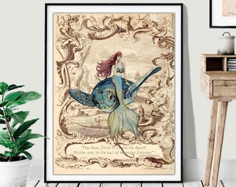 Mermaid and Sea Turtle watercolor with Antique Lithograph, Fine Art Print