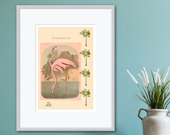 Antique lithograph featuring vintage looking Flamingos, Palms Trees and a  Tropical Scene, Wall Art, wall Decor,  Fine Art Print