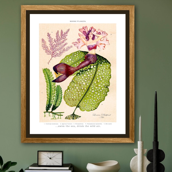 Enchanting Elegance: Antique Botanical Mermaid – Lithograph and Watercolor Fusion