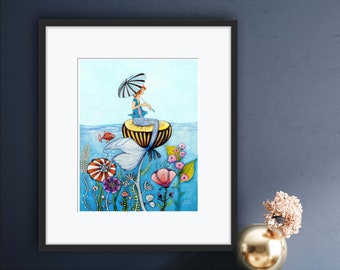 Mermaid Art, Coastal Home Decor, Beach Home Decor, Wall Art, Mermaid and Flower