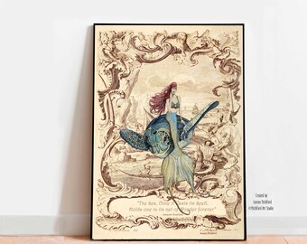 Watercolor Sea Turtle  and Mermaid with Antique Lithograph Fine Art Print