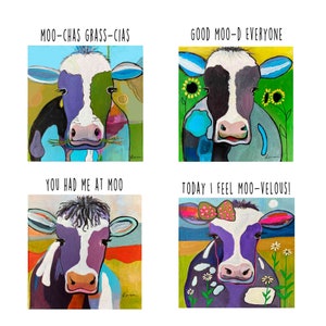 Impresión artística de vaca colorida de estilo rústico, tarjeta de agradecimiento, con o sin texto - Moo-chas grass-cias