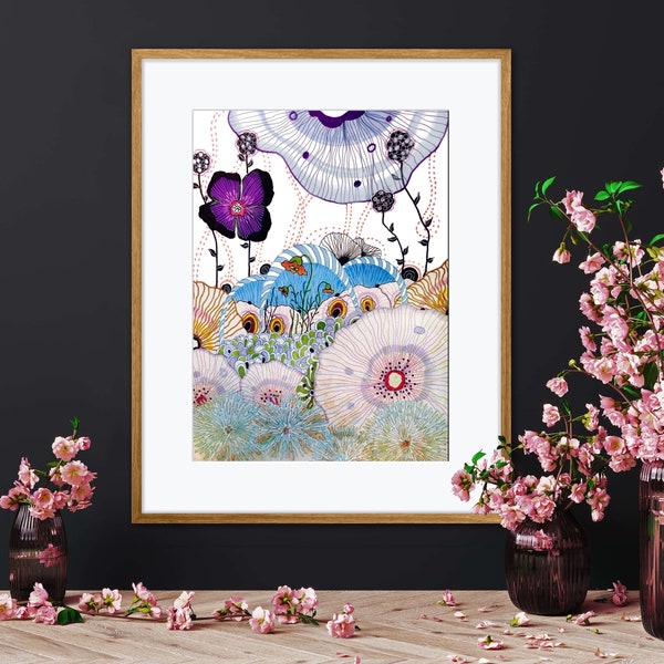 Botanical Sea Life Floral Watercolor Print, Purple, Blue, and Pink