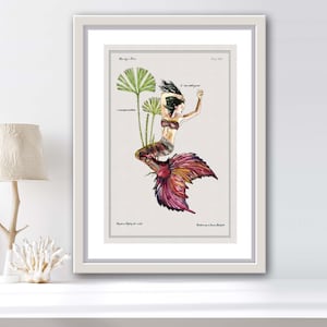 Vintage lithograph Palm Leaf and colorful Watercolor Mermaid print