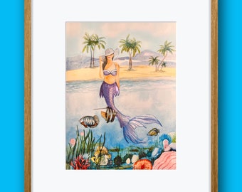 Mermaid, Sunhat and Coconut trees hand embellished watercolor Art Print