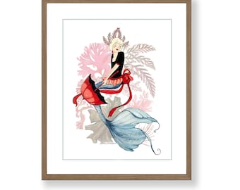 Vintage 1920' styled mermaid Giclée Print, Mermaid Wall Art, Mermaid Decor, Ocean Art, Red Parasol Mermaid Print