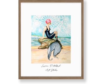 Vintage 1920s Beach Wear Mermaid Watercolor Print, Original Artwork,  Bathing Suit Mermaid