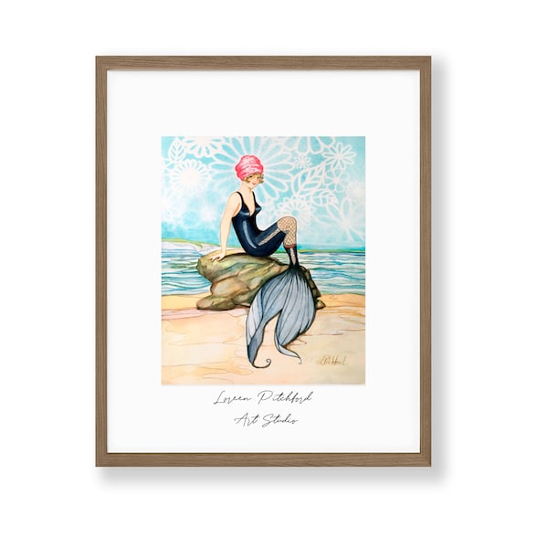 Vintage 1920s Beach Wear Mermaid Watercolor Print, Original Artwork,  Bathing Suit Mermaid