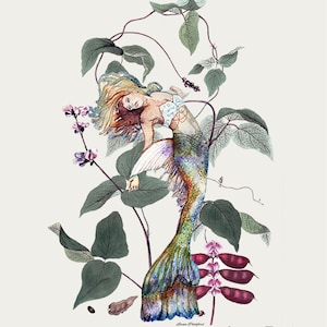 MERMAID BLISS Watercolor and Antique Botanical Lithograph Fine Art Print