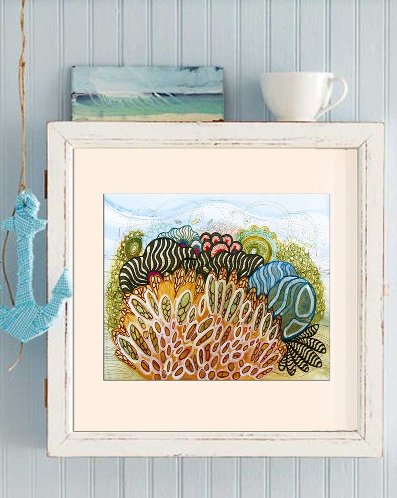 Watercolor Botanical featuring Anemones and Shells, Colorful original artwork print image 2