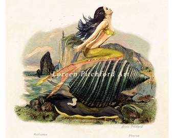 Mermaid Fine Art Print: Vintage Seascape, Ocean Shells & Lighthouse