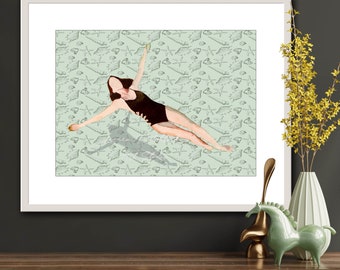 Watercolor art print w graceful swimmer in sleek black swimsuit, suspended above a background adorned with wallpaper patterns of sea shells