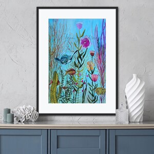 May include: A watercolor painting of a vibrant underwater scene with colorful flowers, fish, and a turtle. The background is a light blue, and the flowers are pink, purple, and yellow. The fish are orange and yellow, and the turtle is blue and green.