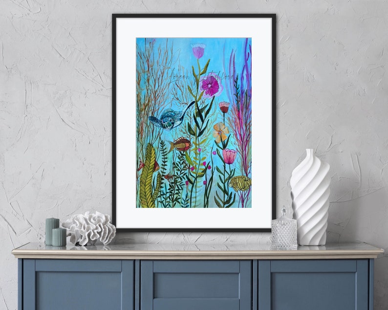 May include: A watercolor painting of a vibrant underwater scene with colorful flowers, fish, and a turtle. The background is a light blue, and the flowers are pink, purple, and yellow. The fish are orange and yellow, and the turtle is blue and green.