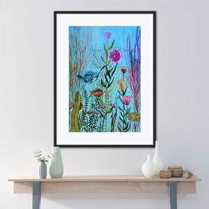 May include: A watercolor painting of a colorful underwater scene with fish, flowers, and plants. The background is a light blue color, and the painting is framed in black.