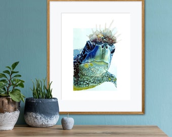 Sea Turtle  Fine Art Print Featuring an Original Watercolor - A crowned Royal Sea Turtle