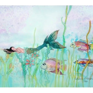 Green Mermaid with Fish Fine Art Print