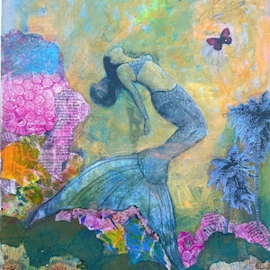 Dreamscape Mermaid – Mixed Media Collage Art on heavy Canvas paper