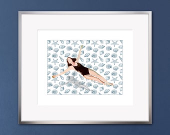 Watercolor art print w graceful swimmer in sleek black swimsuit, suspended above a background adorned with wallpaper patterns of sea shells