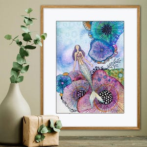 Watercolor Mermaid Print in Underwater Scene, Bright, Cheery Wall Art