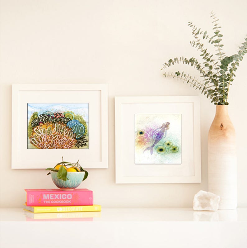 Watercolor Botanical featuring Anemones and Shells, Colorful original artwork print image 4