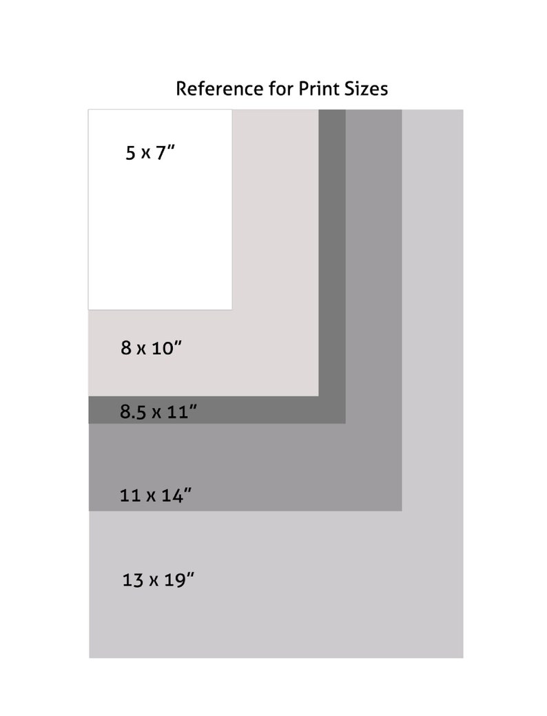 May include: A chart showing different print sizes in inches, including 5x7, 8x10, 8.5x11, 11x14, and 13x19.
