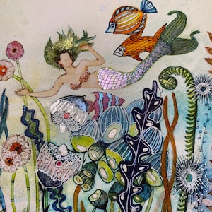 Shimmering Mermaid Watercolor Print – Hand Embellished Ocean Fantasy Art, Atlantis Wall Decor with Sea Life & Nautical Magic