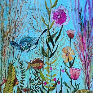 May include: A watercolor painting of a blue sea turtle swimming through a field of pink, yellow, and white flowers. The turtle is surrounded by green and brown seaweed. The background is a light blue.