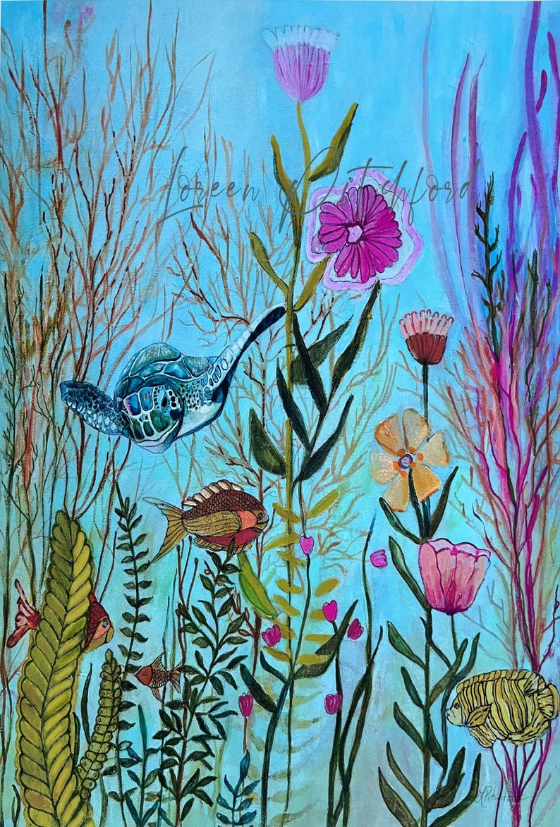 May include: A watercolor painting of a blue sea turtle swimming through a field of pink, yellow, and white flowers. The turtle is surrounded by green and brown seaweed. The background is a light blue.