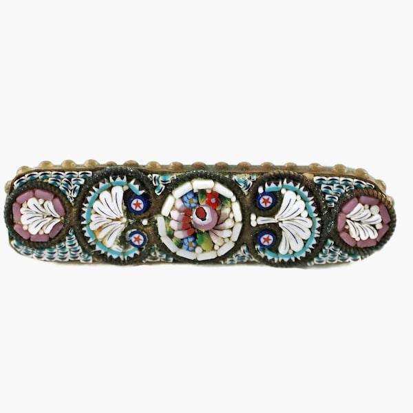 Antique Italian Micromosaic Floral and Foliate Brooch Bar Pin with Beaded Edge and C-clasp
