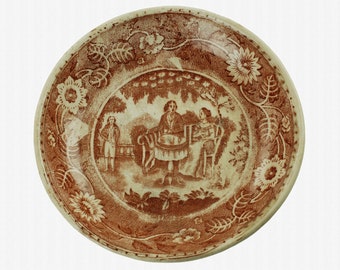 Antique Royal Bonn Brown Transferware 5&quot; Bowl/Dish with Upper Class Couple Having Tea in Garden