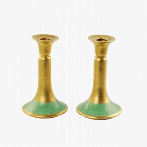 Vintage Pickard Studios Rose and Daisy Etched Gilt Porcelain 8.5&quot; Candlesticks with Gilt Tracery Jade Green Lustre Bases