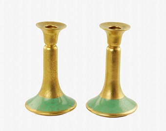 Vintage Pickard Studios Rose and Daisy Etched Gilt Porcelain 8.5" Candlesticks with Gilt Tracery Jade Green Lustre Bases