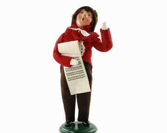 Vintage Byers' Choice 1996 Caroler Man with Red Coat, Brown Hat and White Mittens Holding Sheet Music